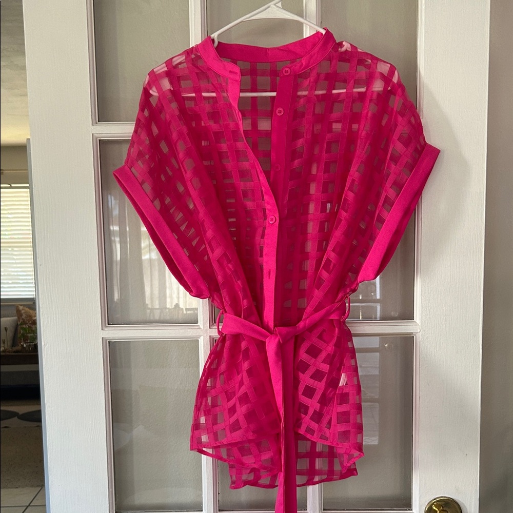 SHEIN Hot Pink Sheer Caged Blouse Top